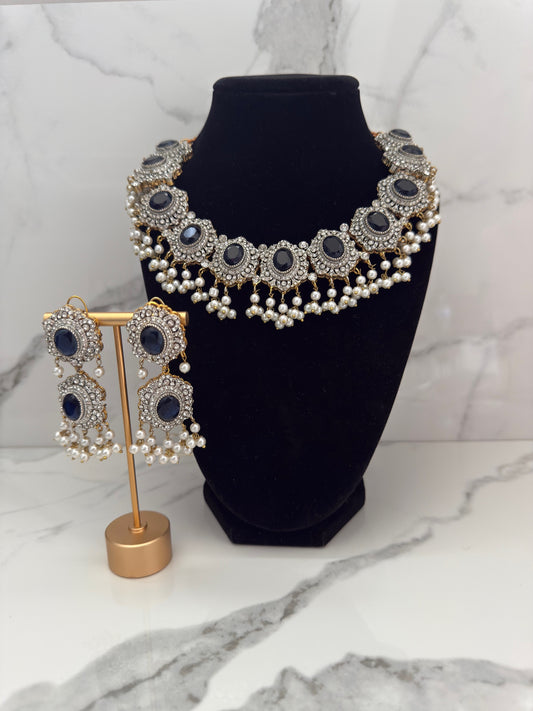 Pearl Drop Stone Choker Set with Earrings