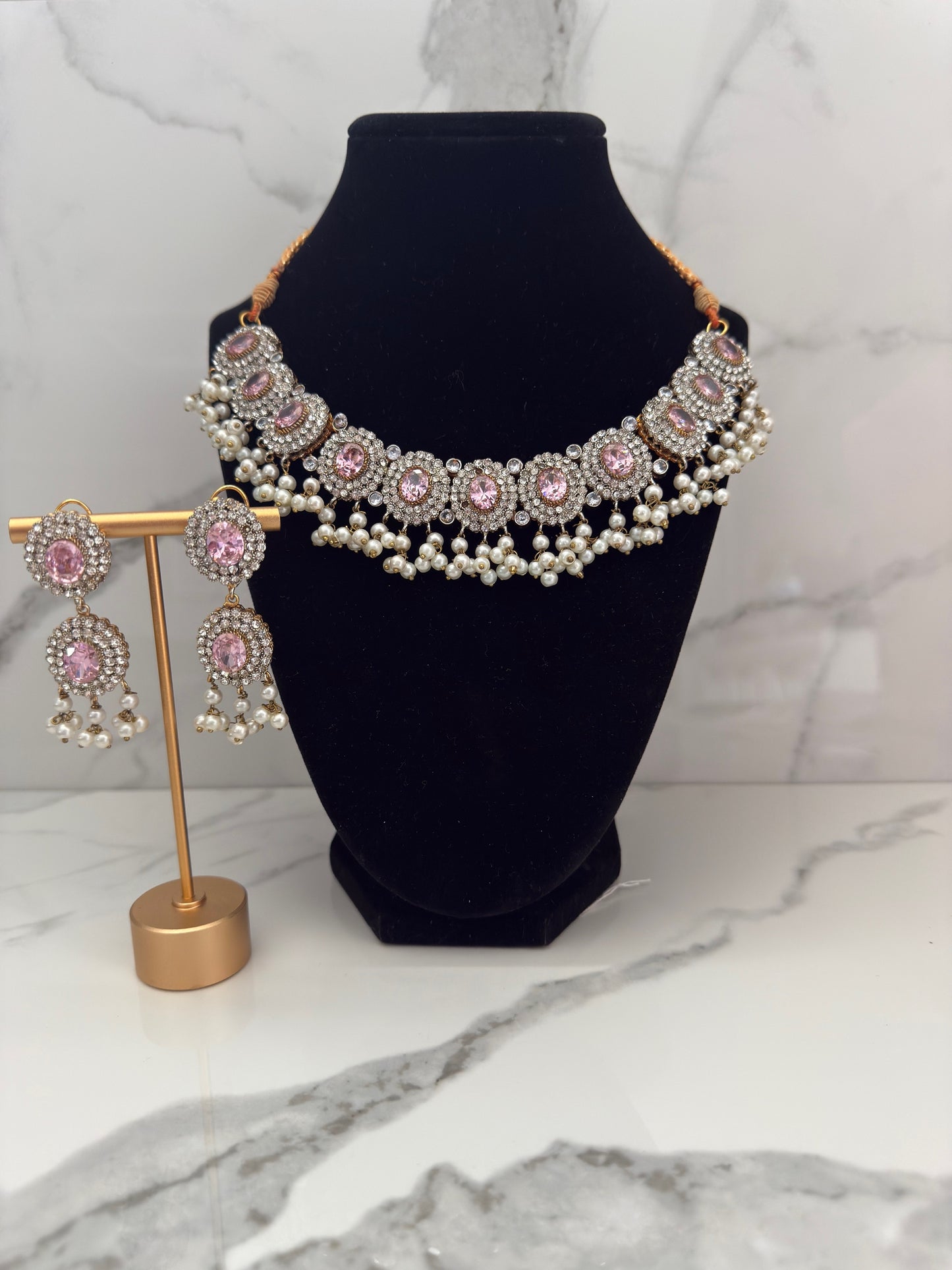 Mini Pearl Drop Stone Choker Set with Earrings