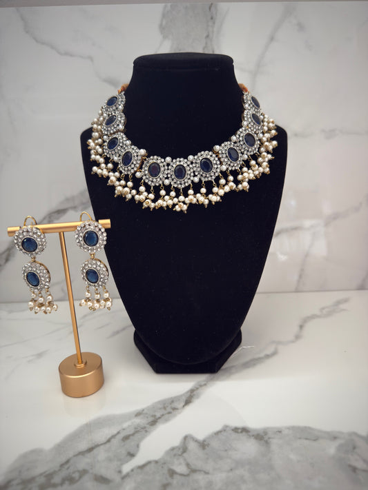 Mini Pearl Drop Stone Choker Set with Earrings