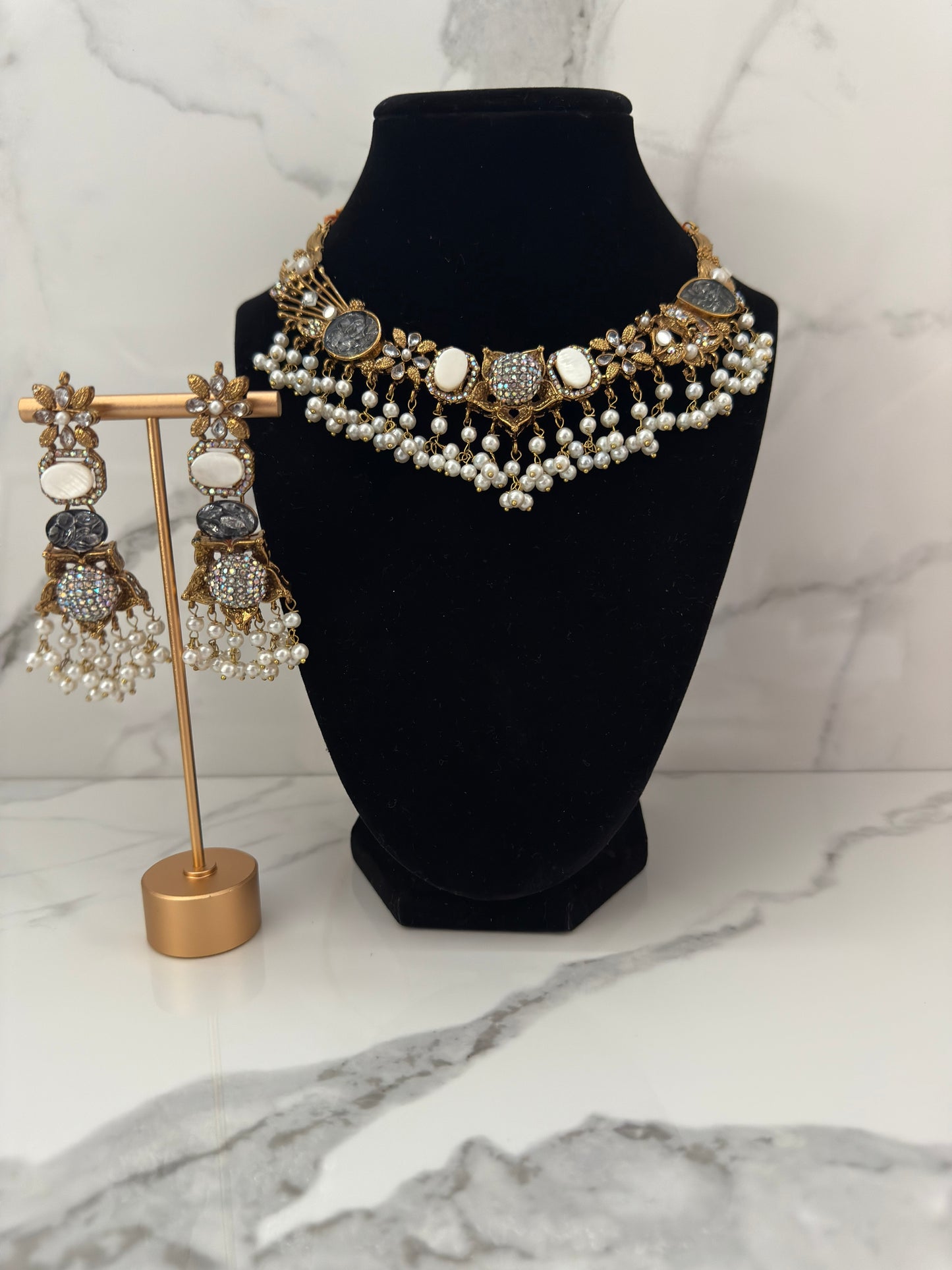 Turkish Inspired Pearl & Stone Choker Set with Earrings