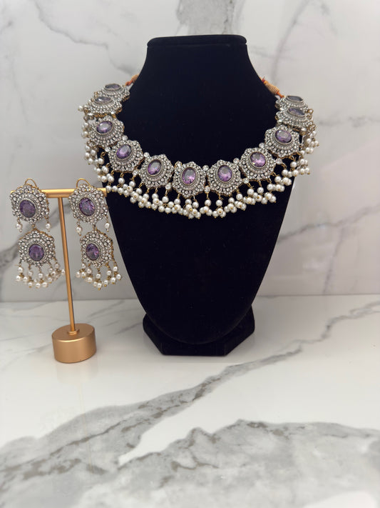 Pearl Drop Stone Choker Set with Earrings