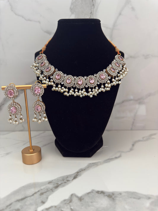 Mini Pearl Drop Stone Choker Set with Earrings