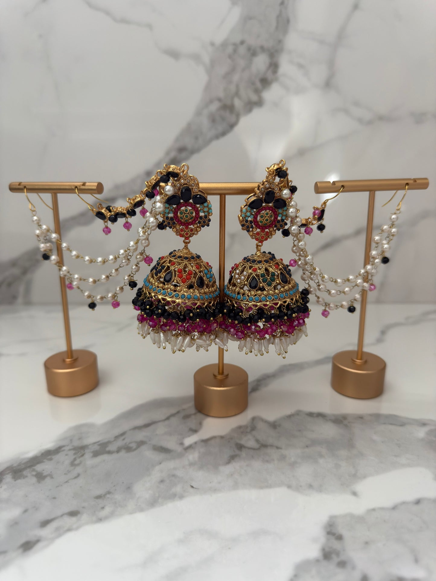 Multicolor Jhumka Earrings with Pearl Sahara Attachment