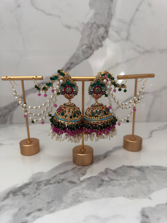 Multicolor Jhumka Earrings with Pearl Sahara Attachment