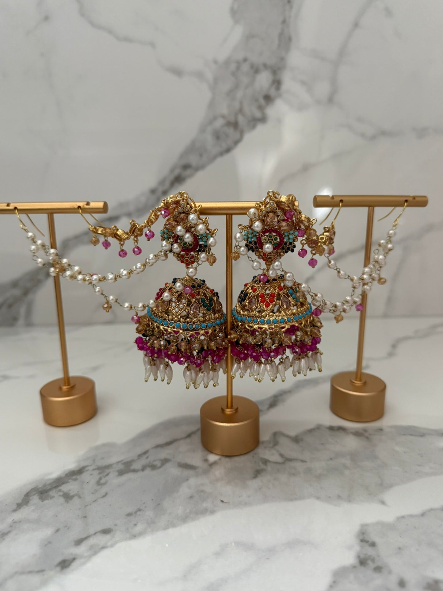 Multicolor Jhumka Earrings with Pearl Sahara Attachment