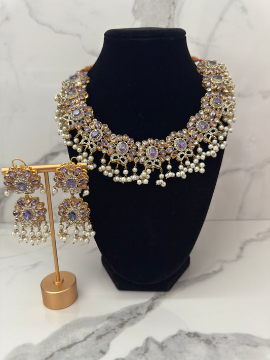 Purple Stone & Pearl Kundan Choker Set with Earrings
