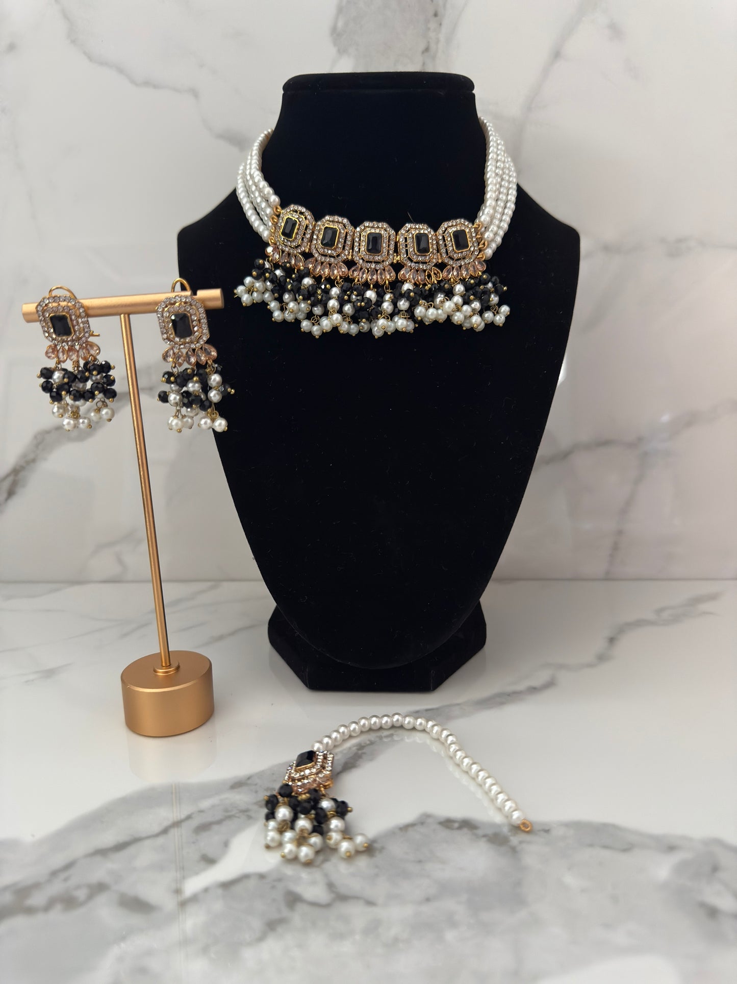 Traditional Pearl & Kundan Choker Set with Earrings & Tikka