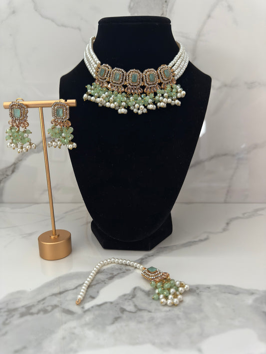 Traditional Pearl & Kundan Choker Set with Earrings & Tikka