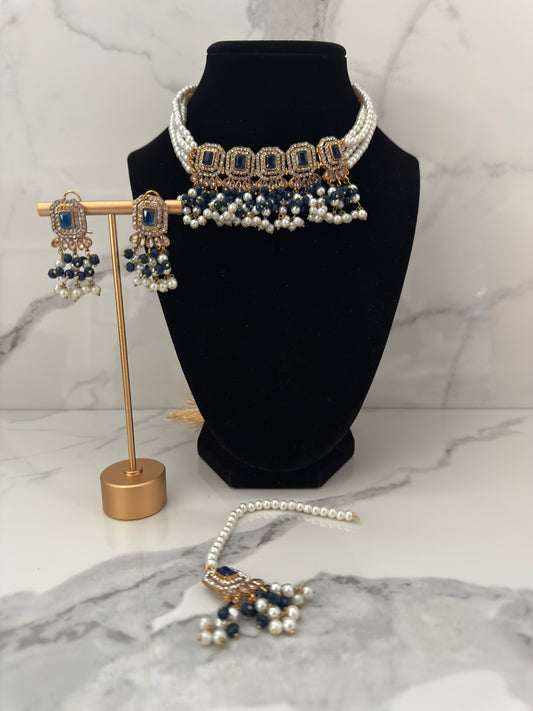 Traditional Pearl & Kundan Choker Set with Earrings & Tikka