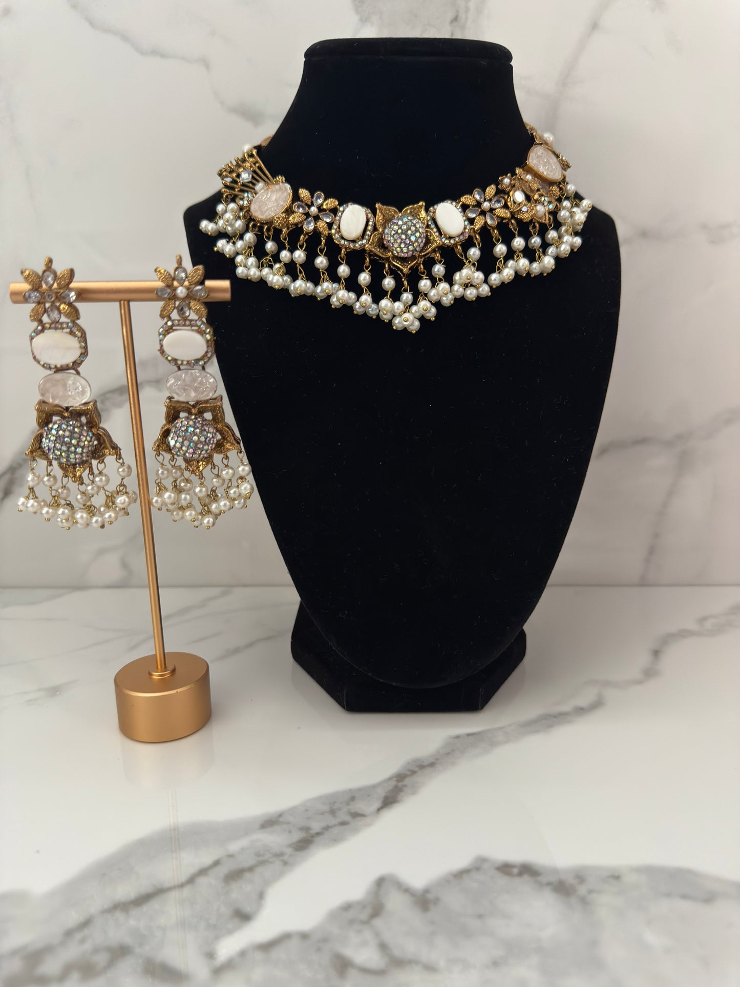 Turkish Inspired Pearl & Stone Choker Set with Earrings