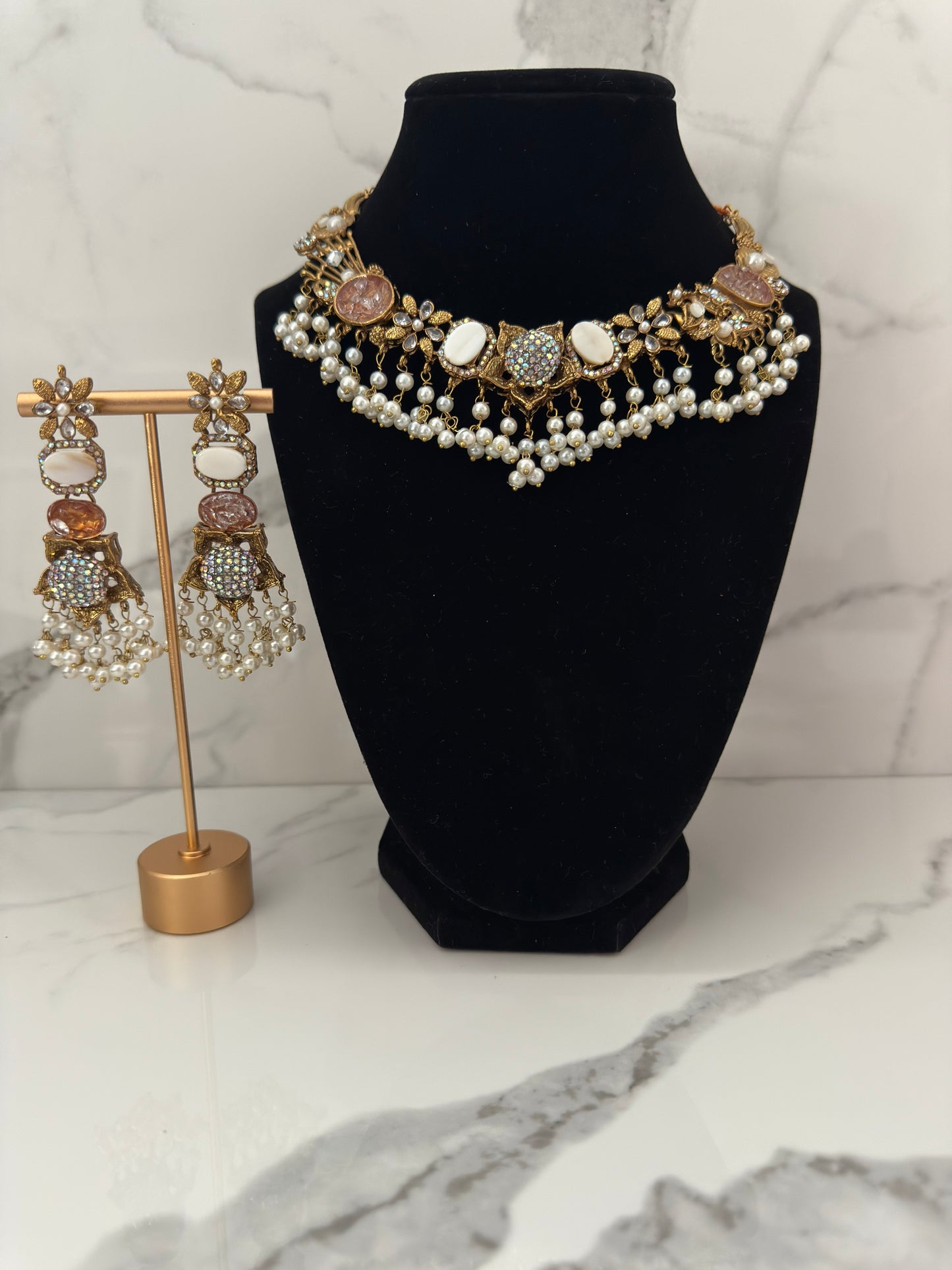 Turkish Inspired Pearl & Stone Choker Set with Earrings