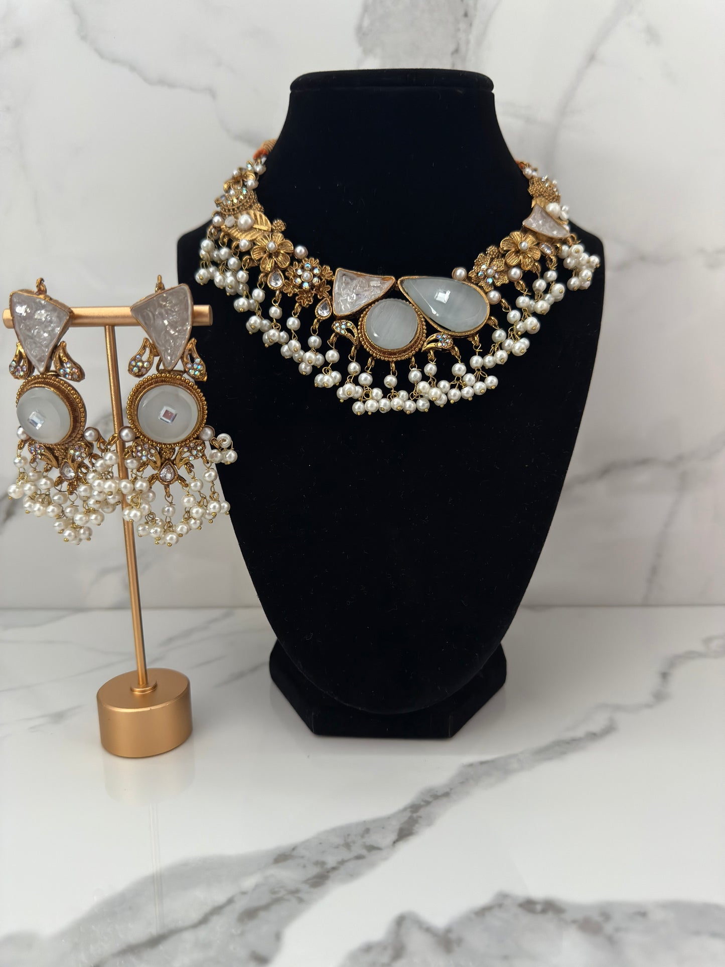 Turkish Inspired Pearl & Stone Choker Set with Earrings