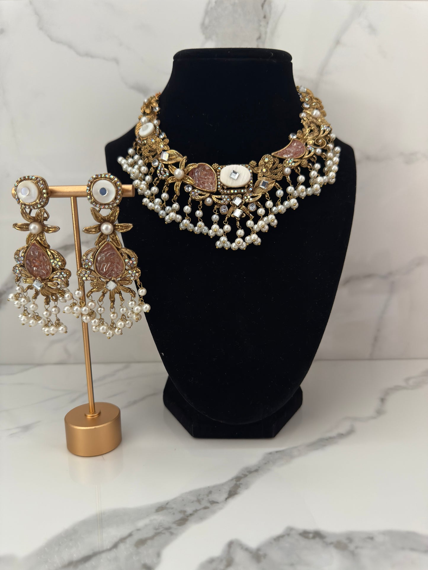 Turkish Inspired Pearl & Stone Choker Set with Earrings