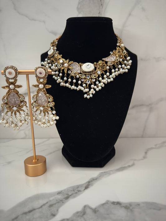 Turkish Inspired Pearl & Stone Choker Set with Earrings